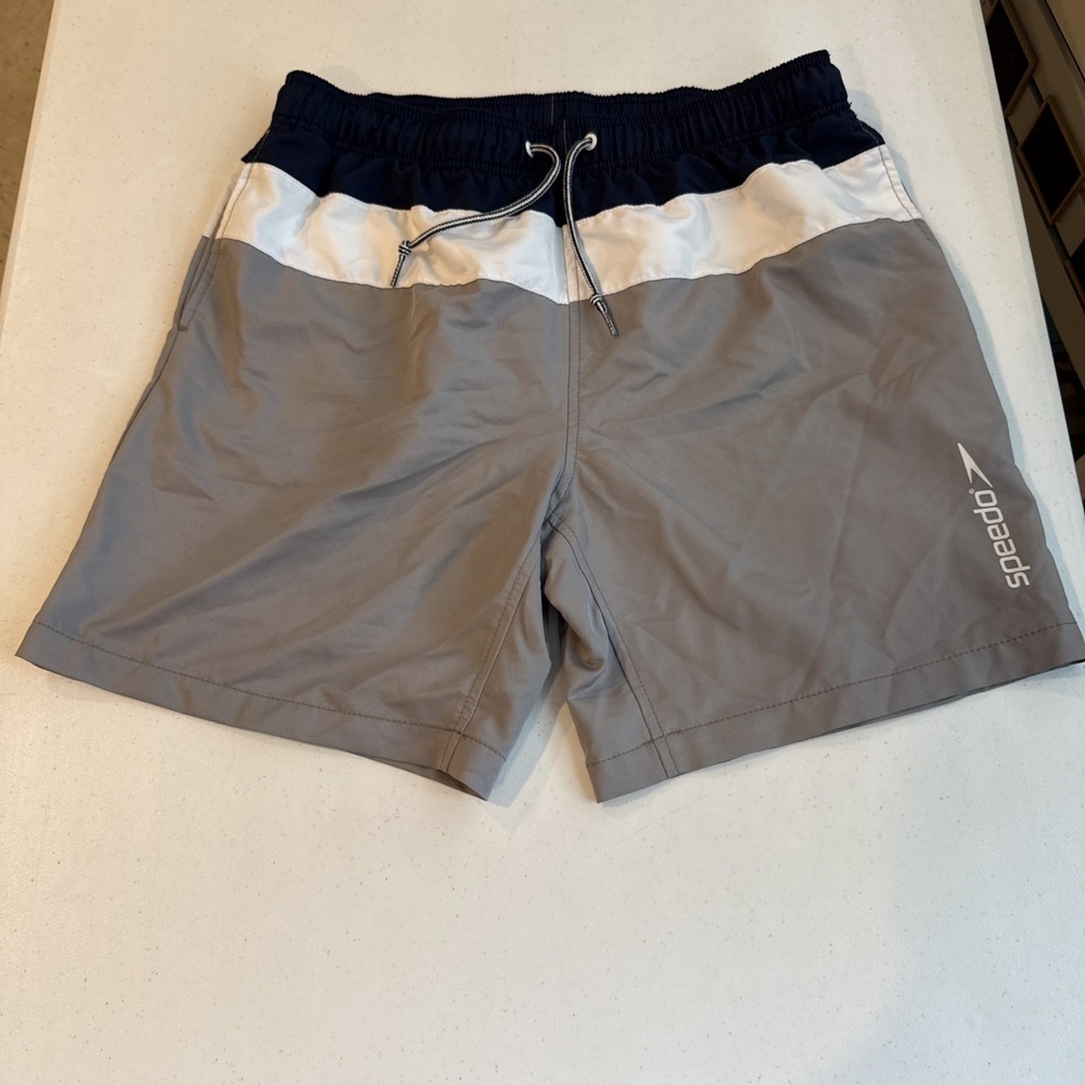 Speedo Swim Trunks Men's Large Gray Navy‎ White Mesh Lined Elastic Waist